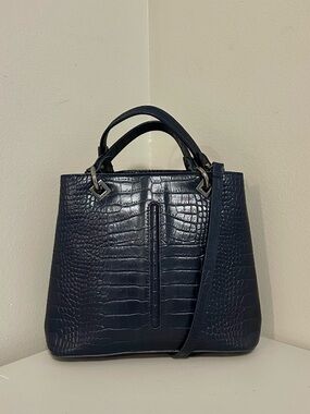 Navy Croc Embossed Genuine Leather Satchel Crossbody Bag Made in Italy Classic